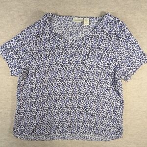 100% Linen Cynthia Rowley Blue ish Navy Tiny Floral Top Blouse Short Sleeve  XL